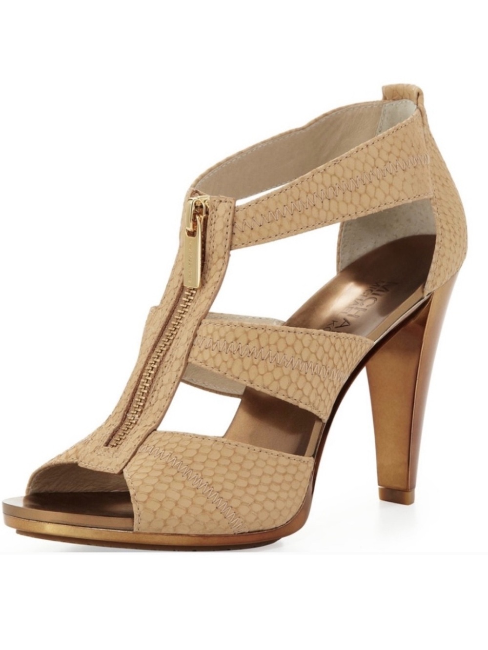 Michael Kors Beige Textured Zip T-Strap High Heel Sandal